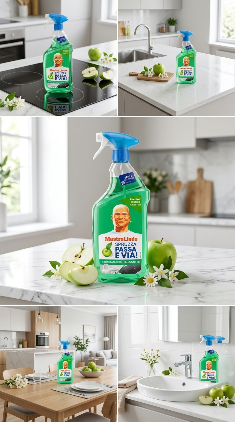 Mastro Lindo Spruzza Passa e Via! Sgrassatore Igienizzante Fiori e Mela Verde 800ml Plastica Reciclabile – Sanificazione Attiva Senza Risciacquo