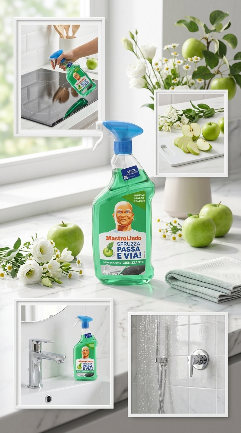 Mastro Lindo Spruzza Passa e Via! Sgrassatore Igienizzante Fiori e Mela Verde 800ml Plastica Reciclabile – Sanificazione Attiva Senza Risciacquo