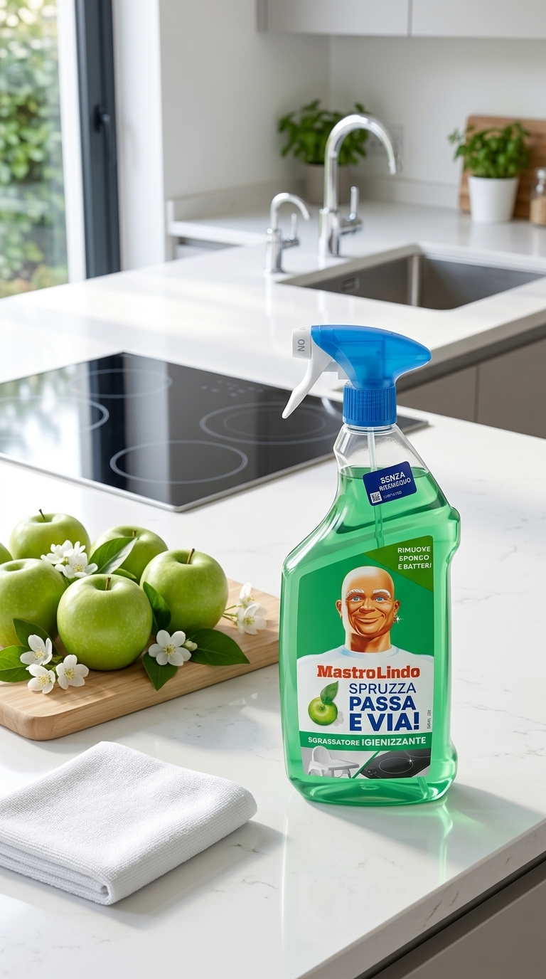 Mastro Lindo Spruzza Passa e Via! Sgrassatore Igienizzante Fiori e Mela Verde 800ml Plastica Reciclabile – Sanificazione Attiva Senza Risciacquo