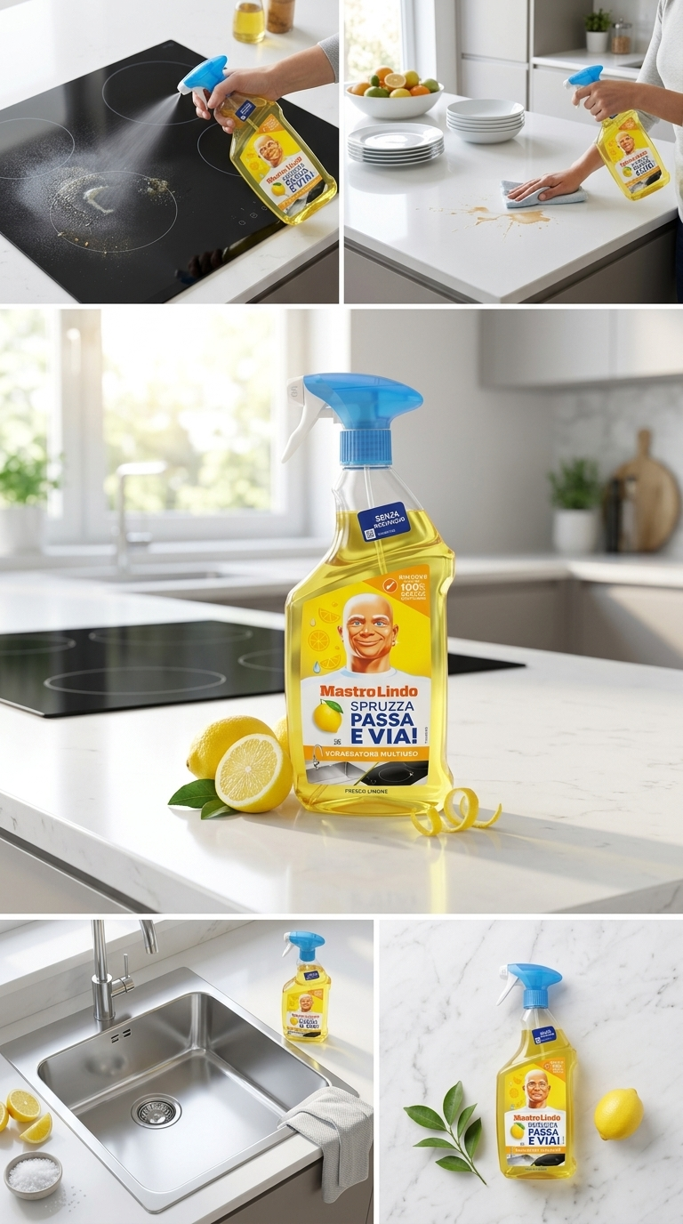 Mastro Lindo Spruzza Passa e Via! Sgrassatore Cucina Fresco Limone 800ml Plastica Reciclabile – Pulizia Attiva Senza Risciacquo