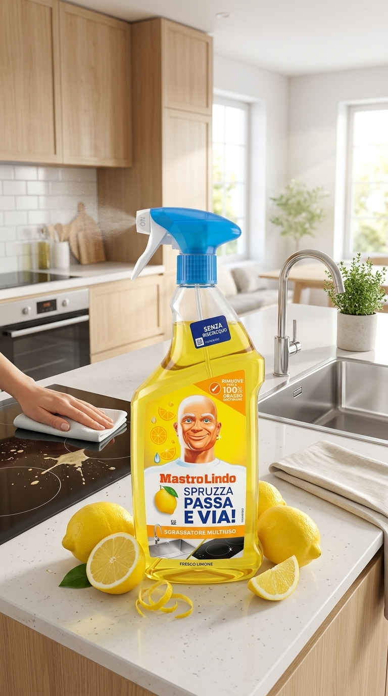 Mastro Lindo Spruzza Passa e Via! Sgrassatore Cucina Fresco Limone 800ml Plastica Reciclabile – Pulizia Attiva Senza Risciacquo