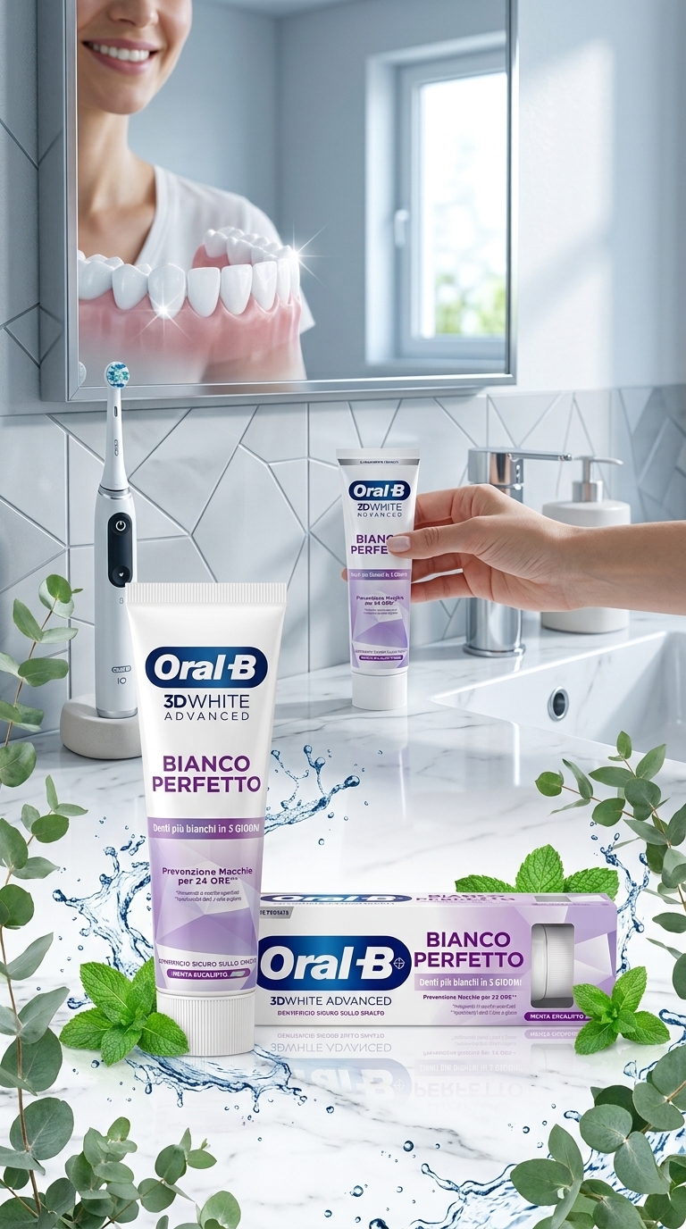 Oral-B 3D White Advanced Bianco Perfetto Dentifricio 75ml Menta Eucalipto – Sbiancante Smalto Sicuro Denti Bianchi in 3 Giorni