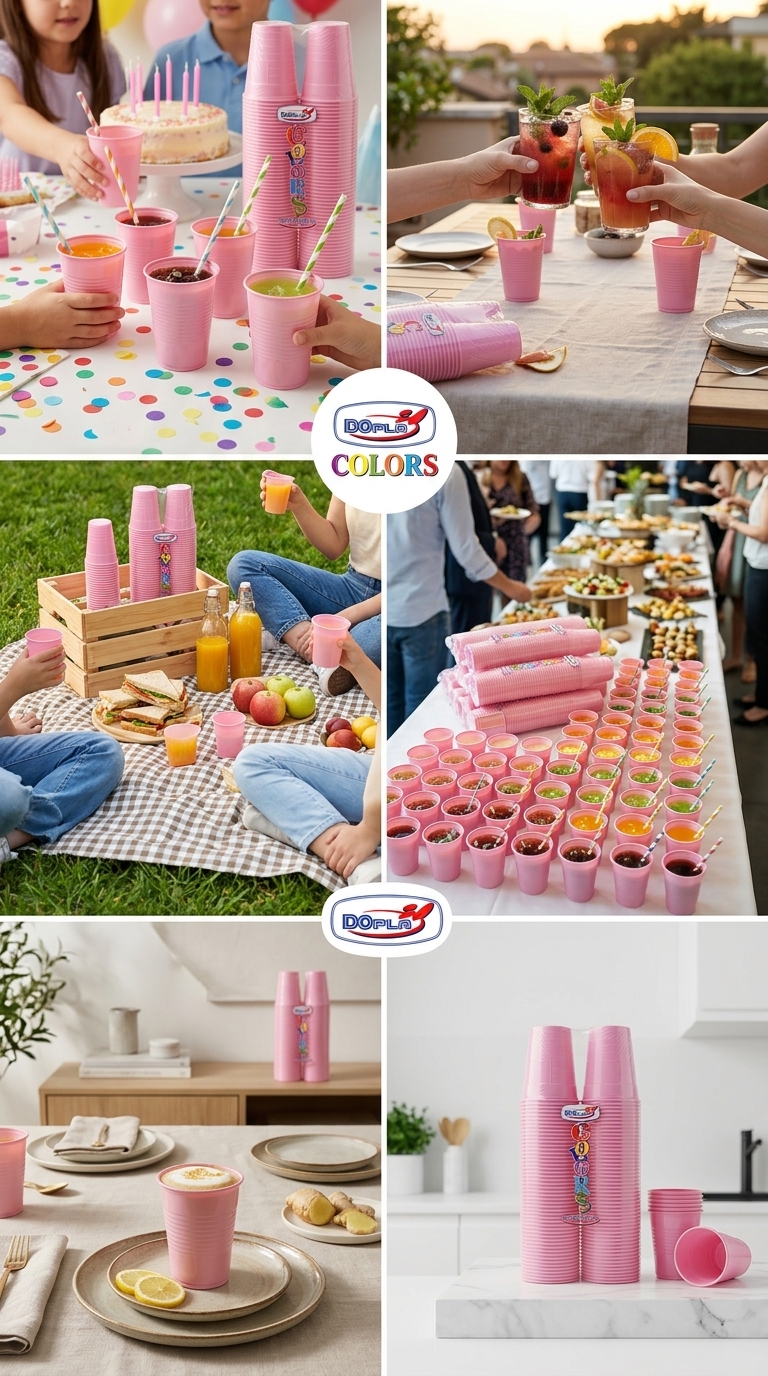 Dopla Colors Bicchieri Rosa 200ml 100 Pezzi Plastica PS6 – Resistenza Termica 90°C Feste Eventi Made in Italy
