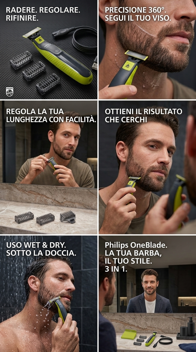 Philips OneBlade 360 Rasoio Elettrico 3 in 1 | Lama 360 | 3 Pettini 1-3-5 mm | Wet & Dry Impermeabile | 45 Minuti di Autonomia | Rade, Regola e Rifinisce