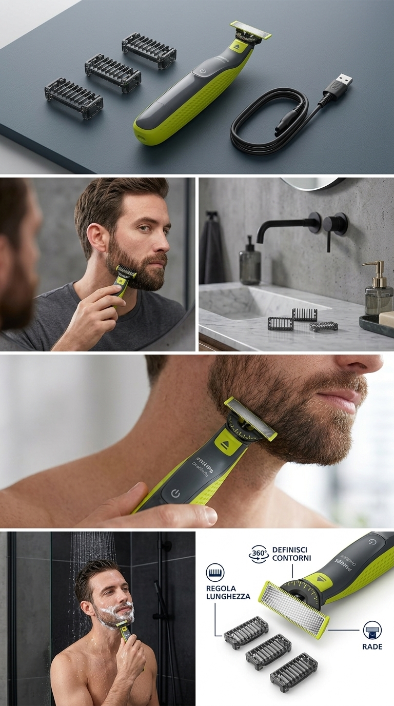 Philips OneBlade 360 Rasoio Elettrico 3 in 1 | Lama 360 | 3 Pettini 1-3-5 mm | Wet & Dry Impermeabile | 45 Minuti di Autonomia | Rade, Regola e Rifinisce