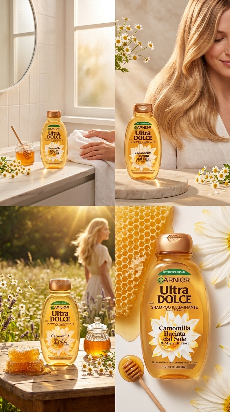 Garnier Ultra Dolce Shampoo Illuminante Camomilla e Miele 250 ml | 94% Ingredienti di Origine Naturale | Senza Siliconi | Per Capelli Biondi | Riflessi Luminosi