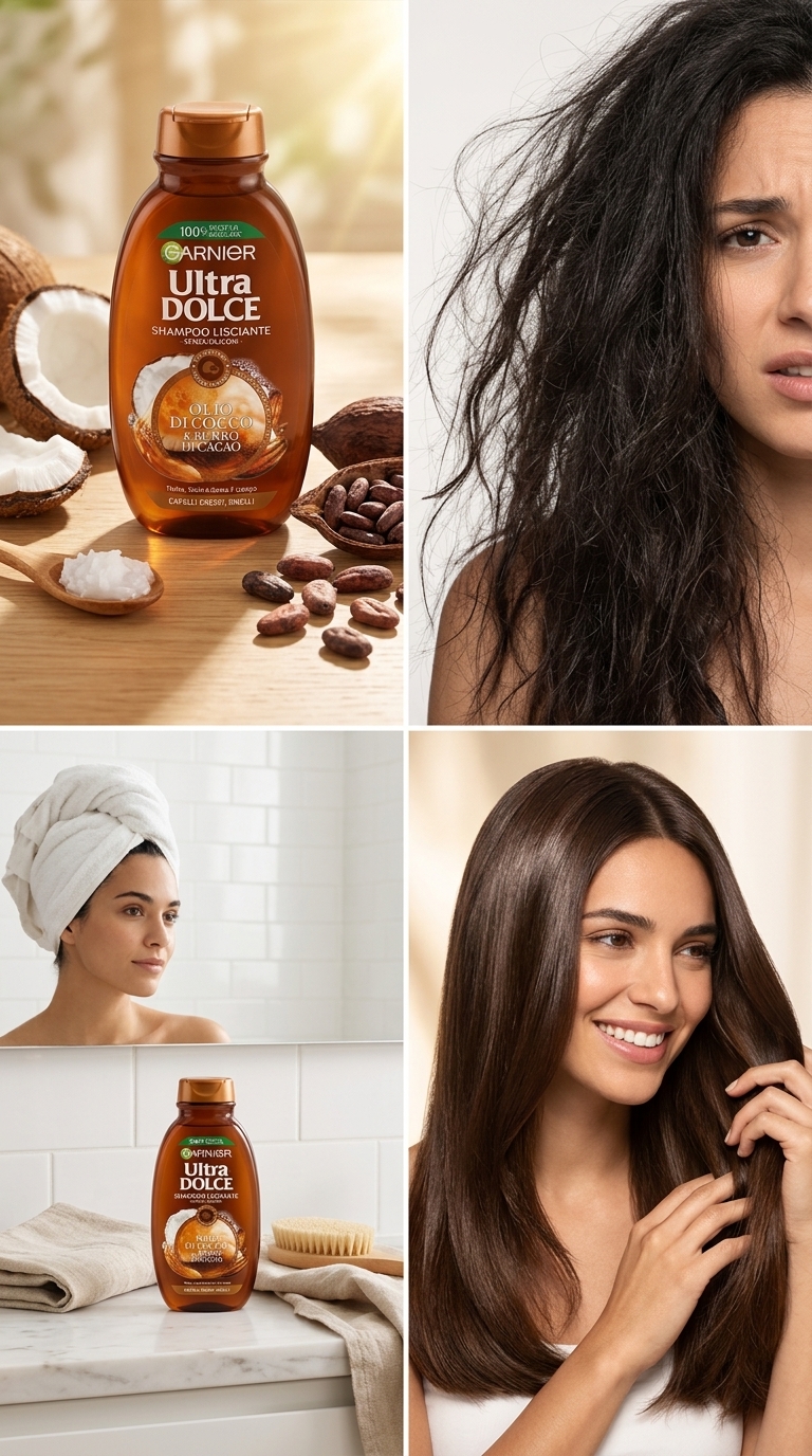 Garnier Ultra Dolce Shampoo Lisciante Olio di Cocco e Burro di Cacao 250 ml | Senza Siliconi | Capelli Crespi e Ribelli | Nutre, Liscia e Disciplina | Plastica 100% Riciclata