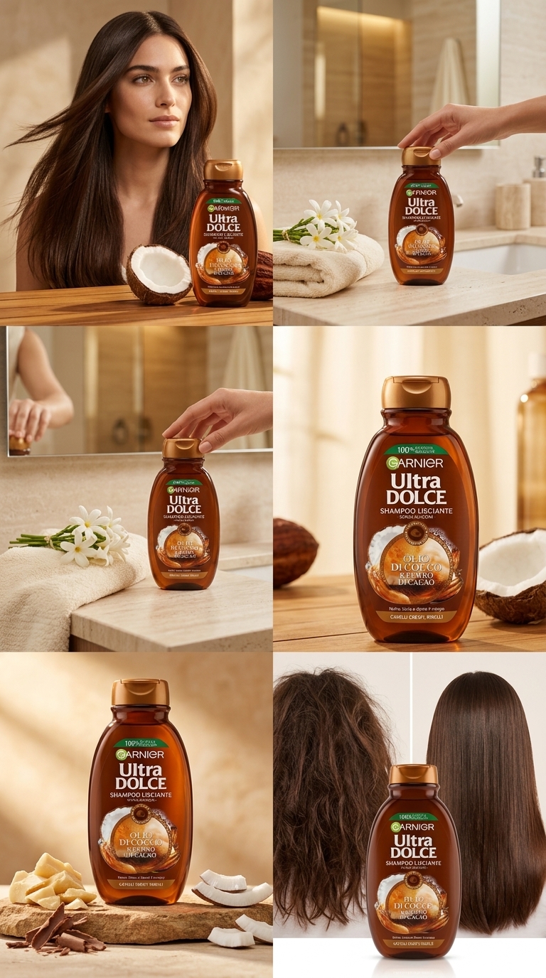 Garnier Ultra Dolce Shampoo Lisciante Olio di Cocco e Burro di Cacao 250 ml | Senza Siliconi | Capelli Crespi e Ribelli | Nutre, Liscia e Disciplina | Plastica 100% Riciclata