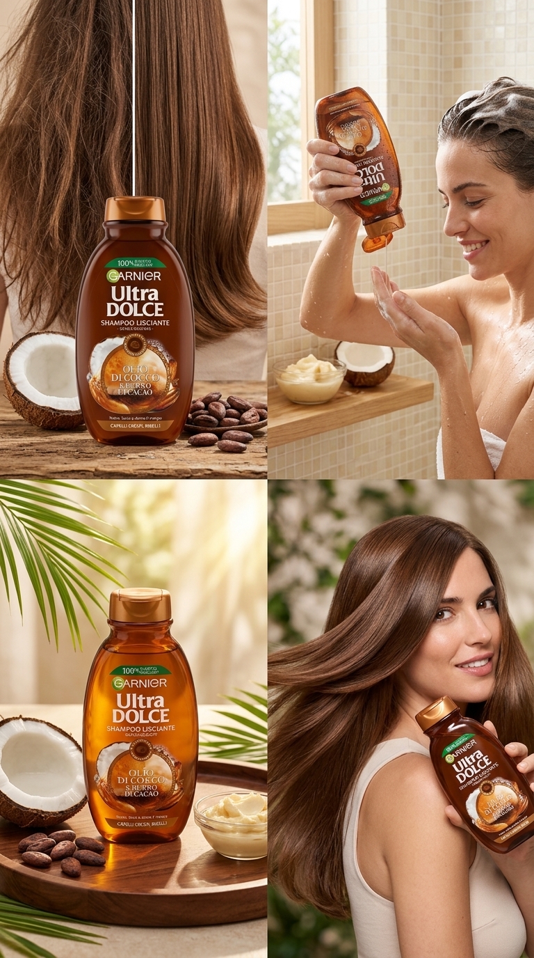 Garnier Ultra Dolce Shampoo Lisciante Olio di Cocco e Burro di Cacao 250 ml | Senza Siliconi | Capelli Crespi e Ribelli | Nutre, Liscia e Disciplina | Plastica 100% Riciclata