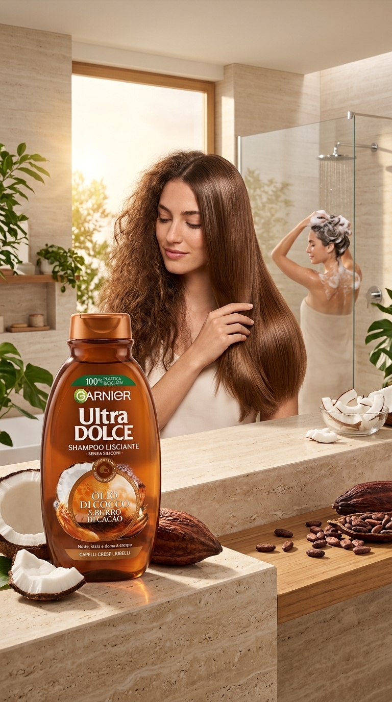 Garnier Ultra Dolce Shampoo Lisciante Olio di Cocco e Burro di Cacao 250 ml | Senza Siliconi | Capelli Crespi e Ribelli | Nutre, Liscia e Disciplina | Plastica 100% Riciclata