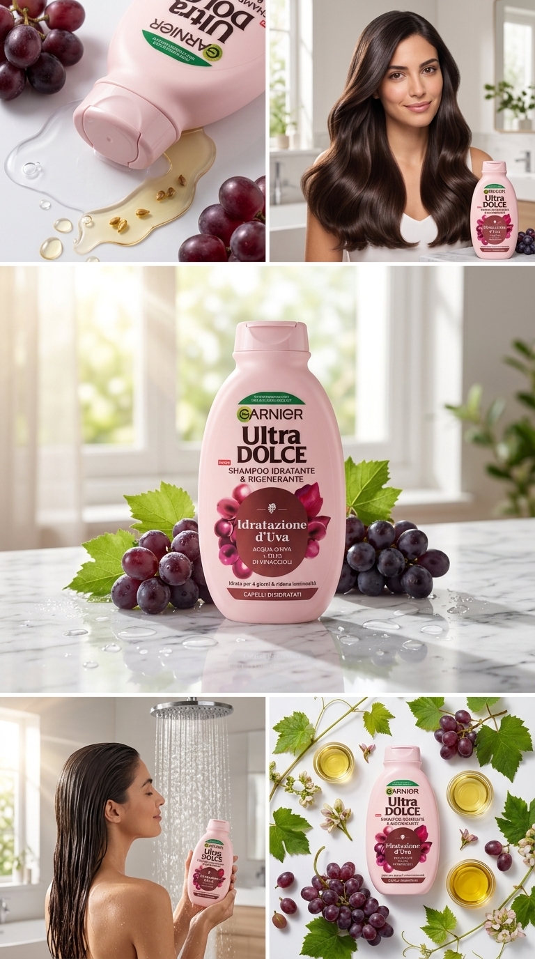 Garnier Ultra Dolce Shampoo Idratazione d'Uva 250 ml Plastica – Rigenerante e Idratante Capelli Disidratati 4 Giorni