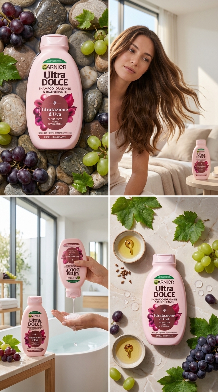 Garnier Ultra Dolce Shampoo Idratazione d'Uva 250 ml Plastica – Rigenerante e Idratante Capelli Disidratati 4 Giorni