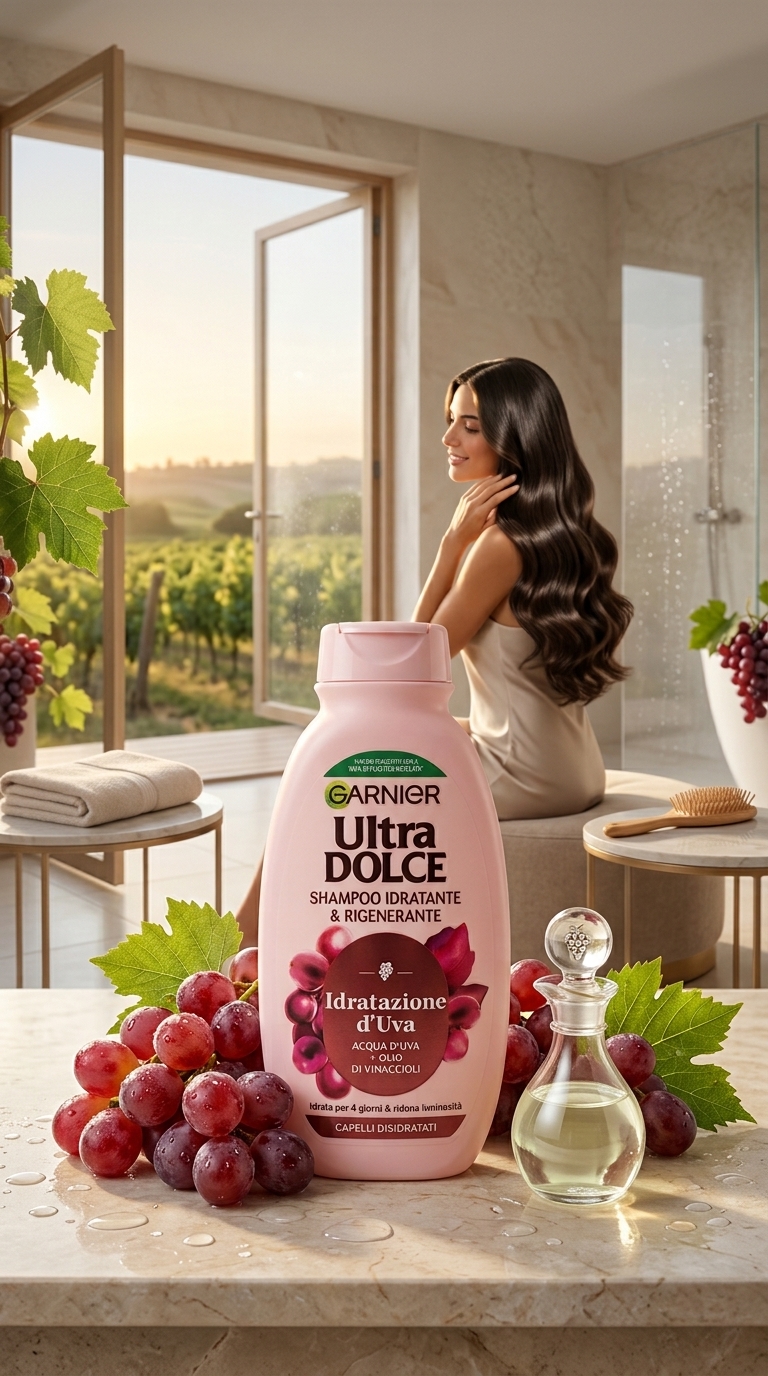 Garnier Ultra Dolce Shampoo Idratazione d'Uva 250 ml Plastica – Rigenerante e Idratante Capelli Disidratati 4 Giorni