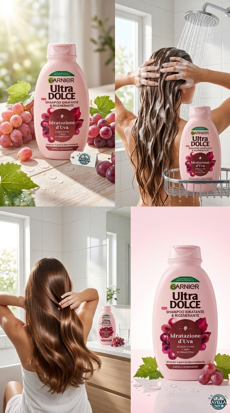 Garnier Ultra Dolce Shampoo Idratazione d'Uva 250 ml Plastica – Rigenerante e Idratante Capelli Disidratati 4 Giorni