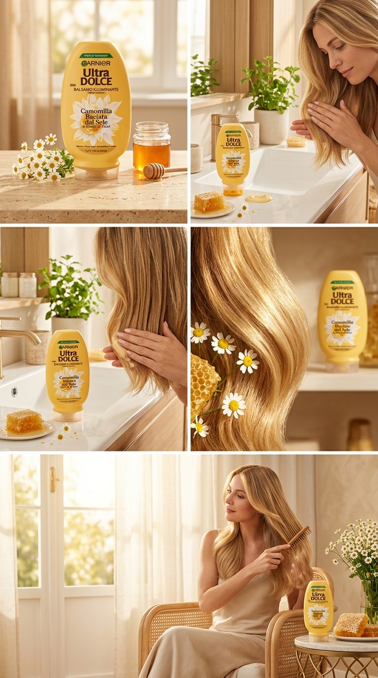 Garnier Ultra Dolce Balsamo Illuminante Camomilla e Miele 200 ml Plastica – Riflessi Biondi e Morbidezza Sostenibile