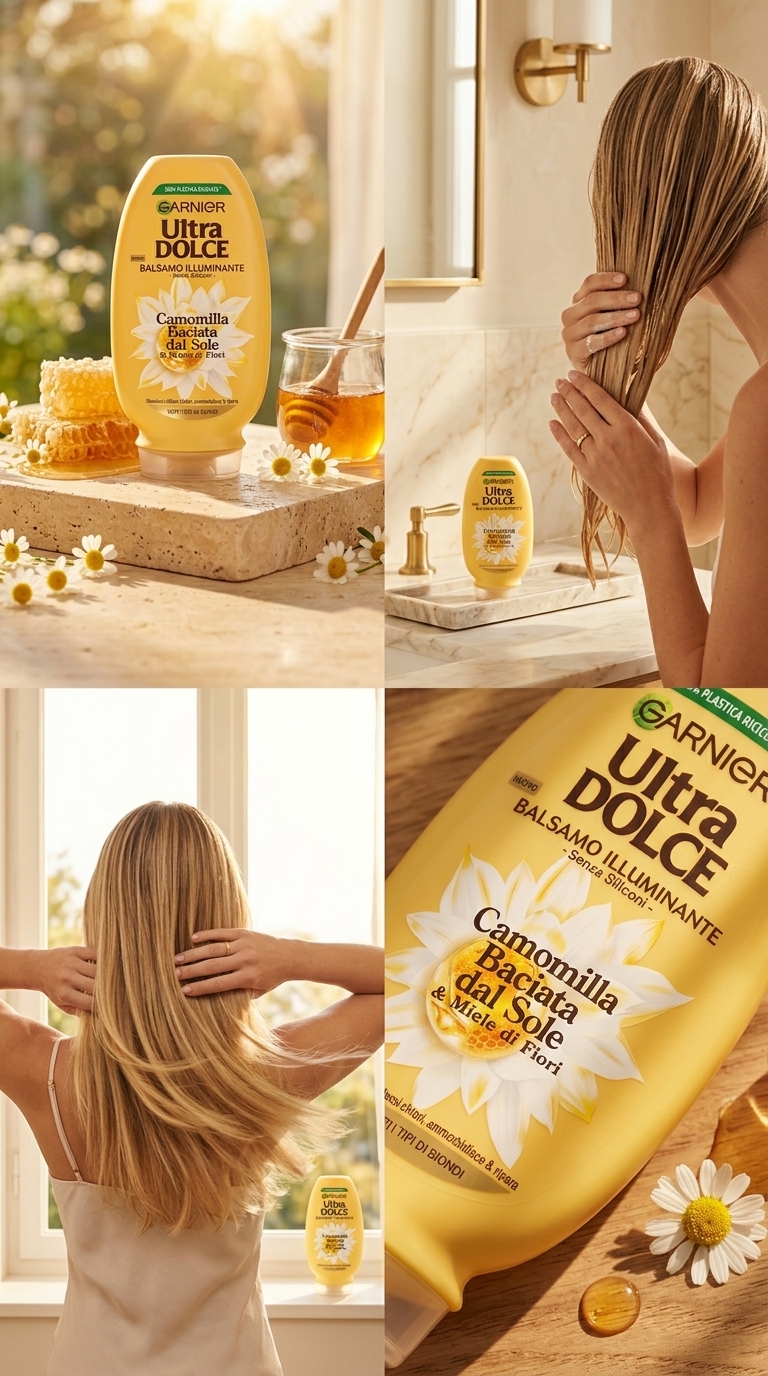 Garnier Ultra Dolce Balsamo Illuminante Camomilla e Miele 200 ml Plastica – Riflessi Biondi e Morbidezza Sostenibile