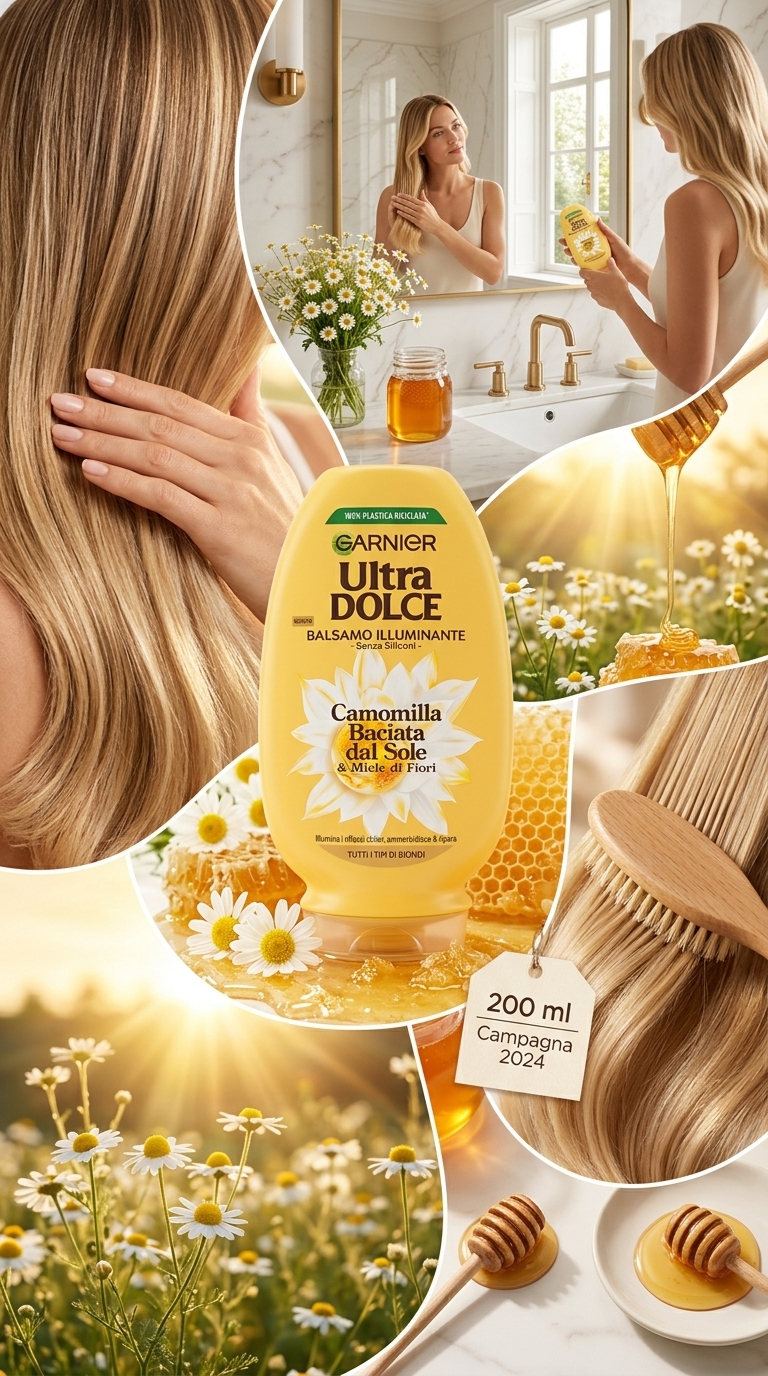 Garnier Ultra Dolce Balsamo Illuminante Camomilla e Miele 200 ml Plastica – Riflessi Biondi e Morbidezza Sostenibile