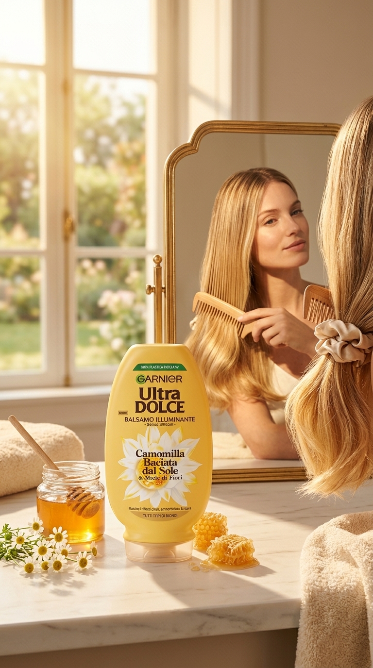 Garnier Ultra Dolce Balsamo Illuminante Camomilla e Miele 200 ml Plastica – Riflessi Biondi e Morbidezza Sostenibile