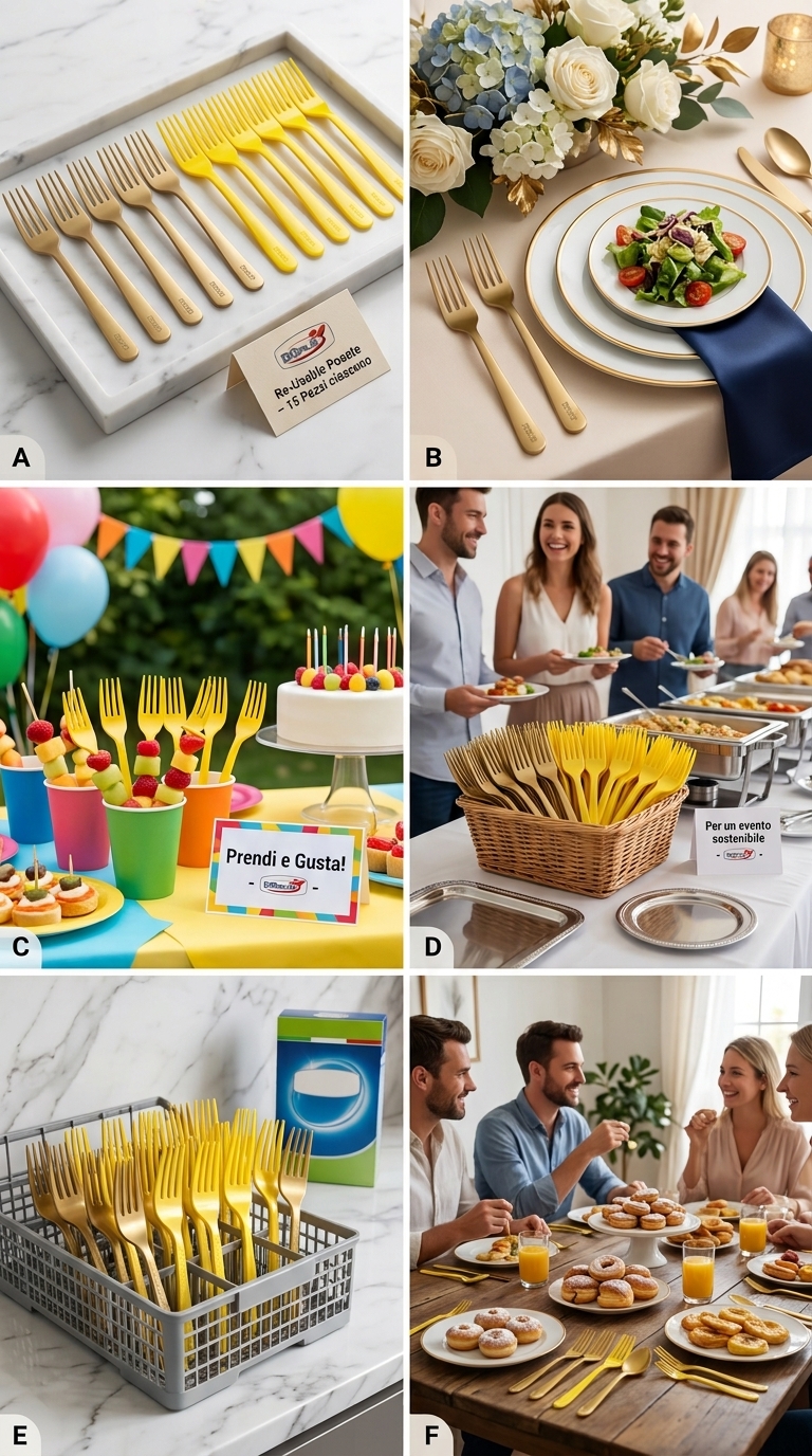 DOPLA Re-Usable Posate in Plastica 15 Pezzi | Riutilizzabili fino a 20 Lavaggi | Lavabili in Lavastoviglie | PP | Colori Giallo o Oro | Made in Italy