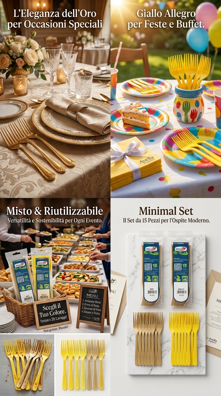 DOPLA Re-Usable Posate in Plastica 15 Pezzi | Riutilizzabili fino a 20 Lavaggi | Lavabili in Lavastoviglie | PP | Colori Giallo o Oro | Made in Italy