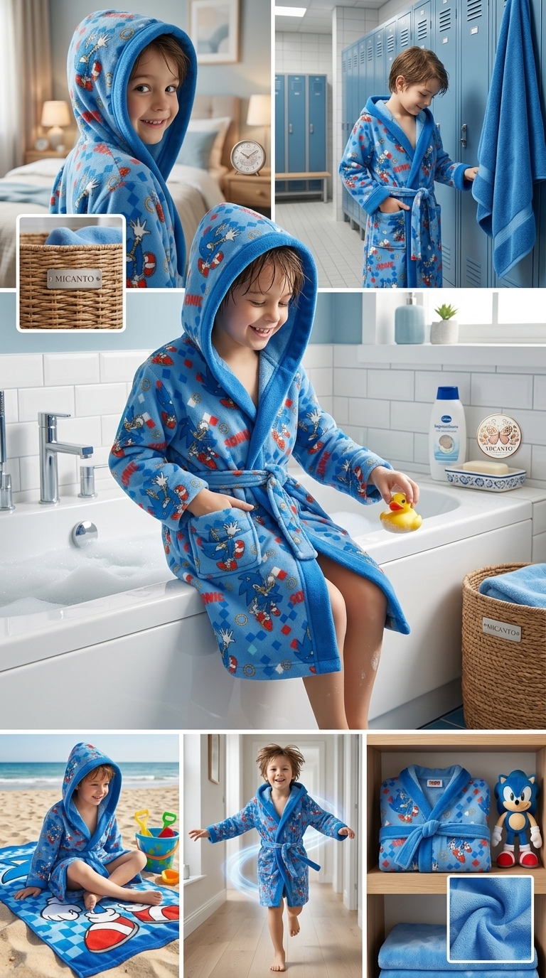 SEGA Sonic The Hedgehog Accappatoio Bambino Ufficiale – Morbido Tessuto Soft-Touch Assorbente con Cappuccio e Tasche (3-10 Anni)