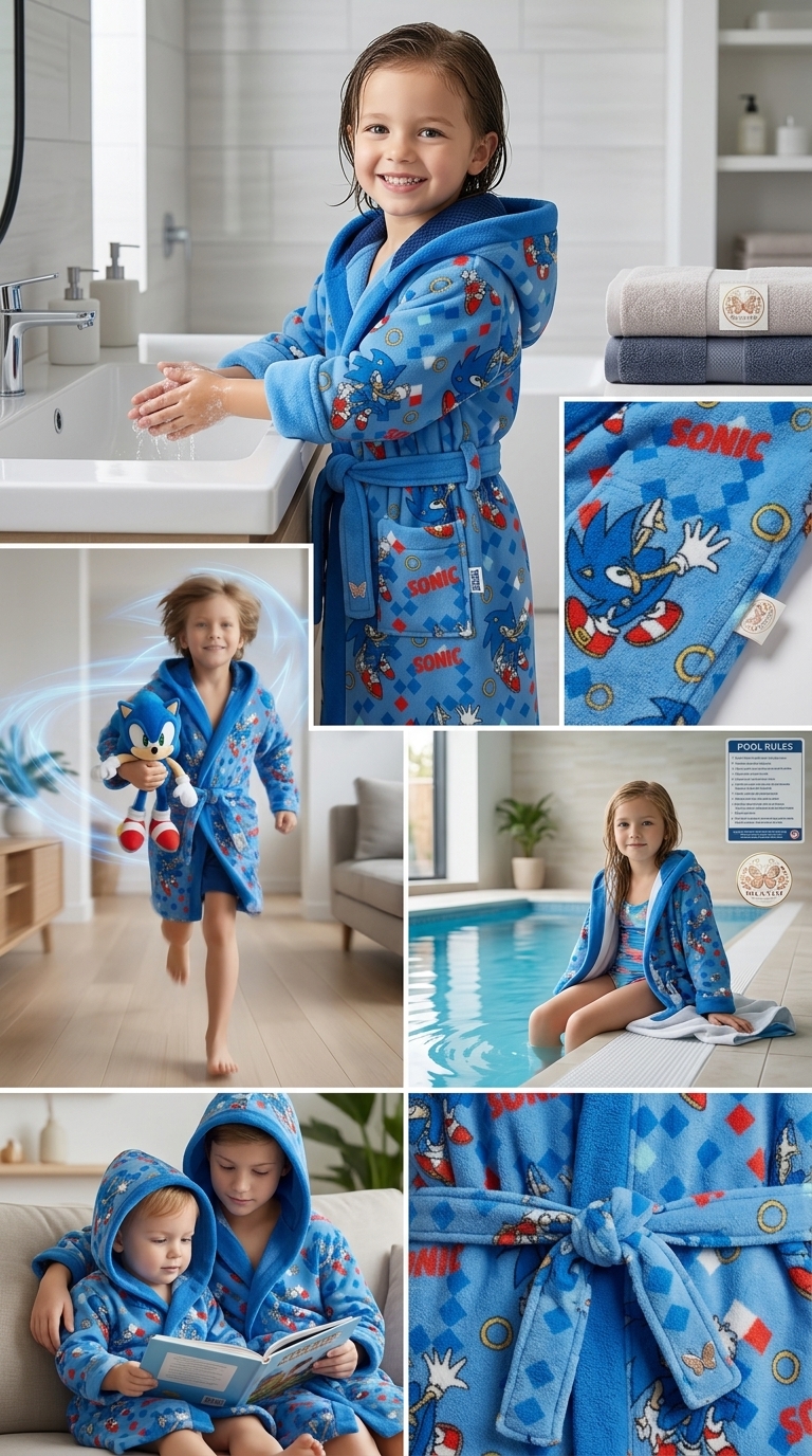 SEGA Sonic The Hedgehog Accappatoio Bambino Ufficiale – Morbido Tessuto Soft-Touch Assorbente con Cappuccio e Tasche (3-10 Anni)