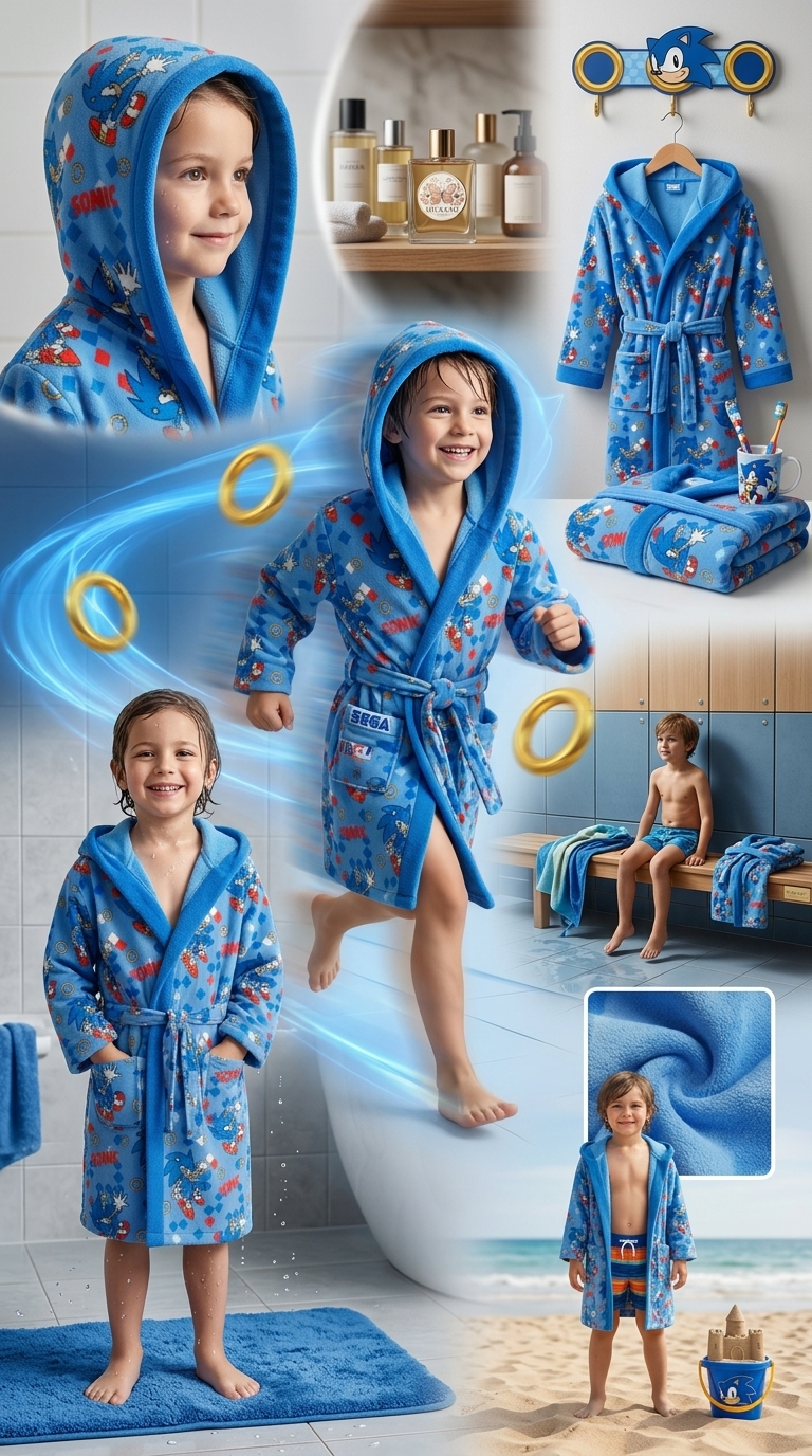 SEGA Sonic The Hedgehog Accappatoio Bambino Ufficiale – Morbido Tessuto Soft-Touch Assorbente con Cappuccio e Tasche (3-10 Anni)