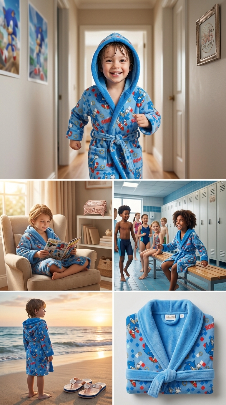 SEGA Sonic The Hedgehog Accappatoio Bambino Ufficiale – Morbido Tessuto Soft-Touch Assorbente con Cappuccio e Tasche (3-10 Anni)