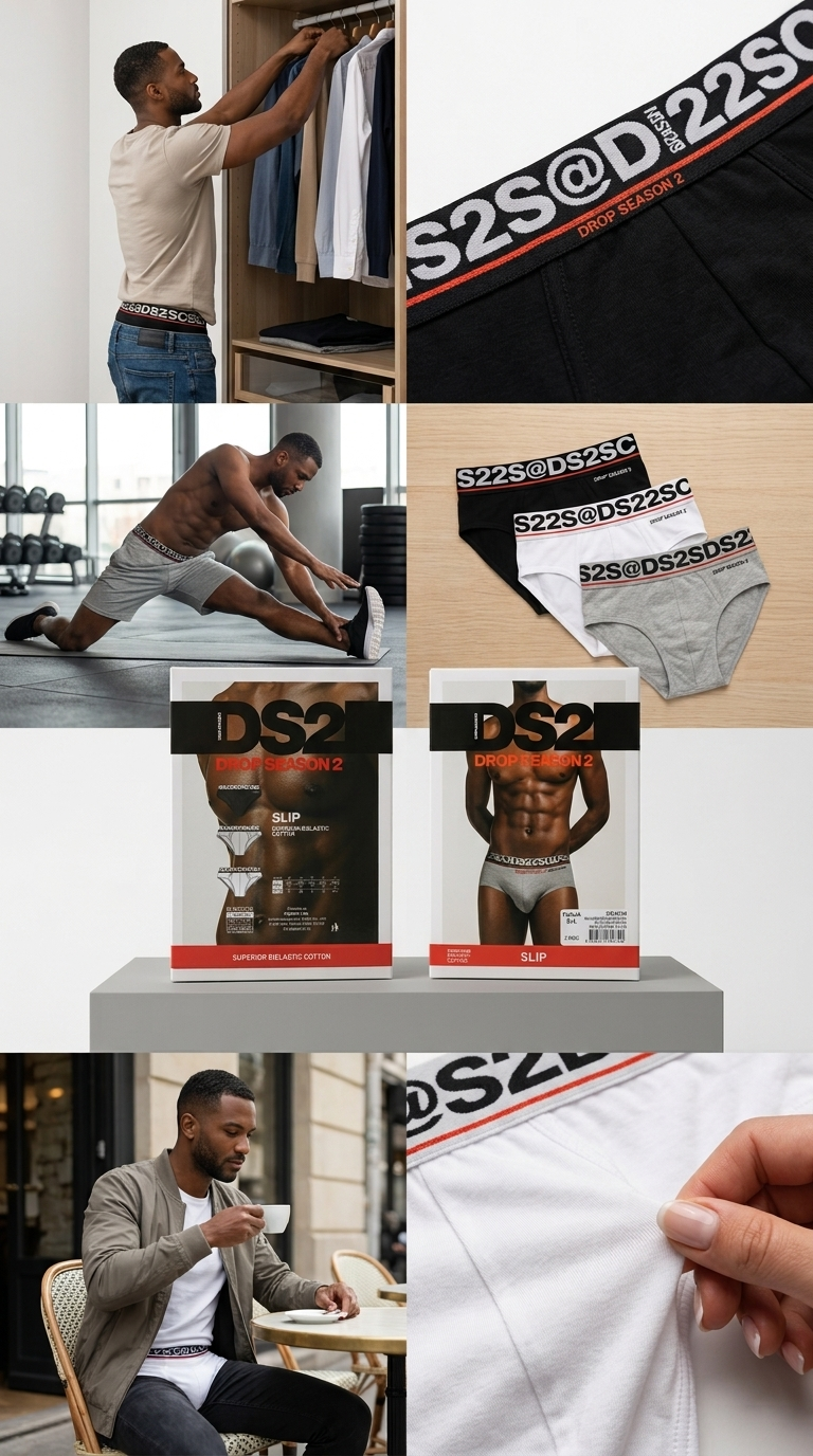 DS2 Drop Season 2 Slip Uomo 3 Pezzi in Cotone Bi-Elastico 95% Cotone 5% Elastan | Elasto-Banda Logata | Bianco, Nero e Grigio | Taglie S-XXL