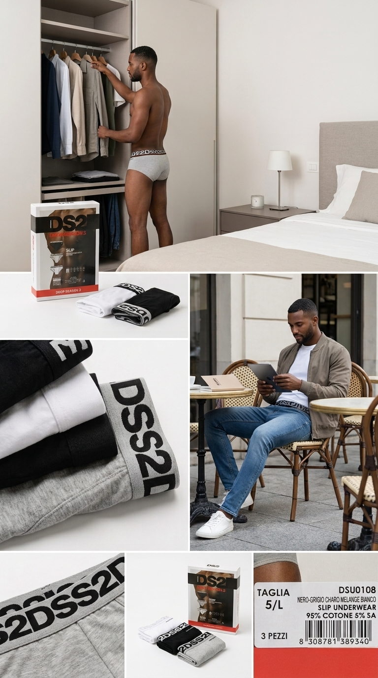DS2 Drop Season 2 Slip Uomo 3 Pezzi in Cotone Bi-Elastico 95% Cotone 5% Elastan | Elasto-Banda Logata | Bianco, Nero e Grigio | Taglie S-XXL