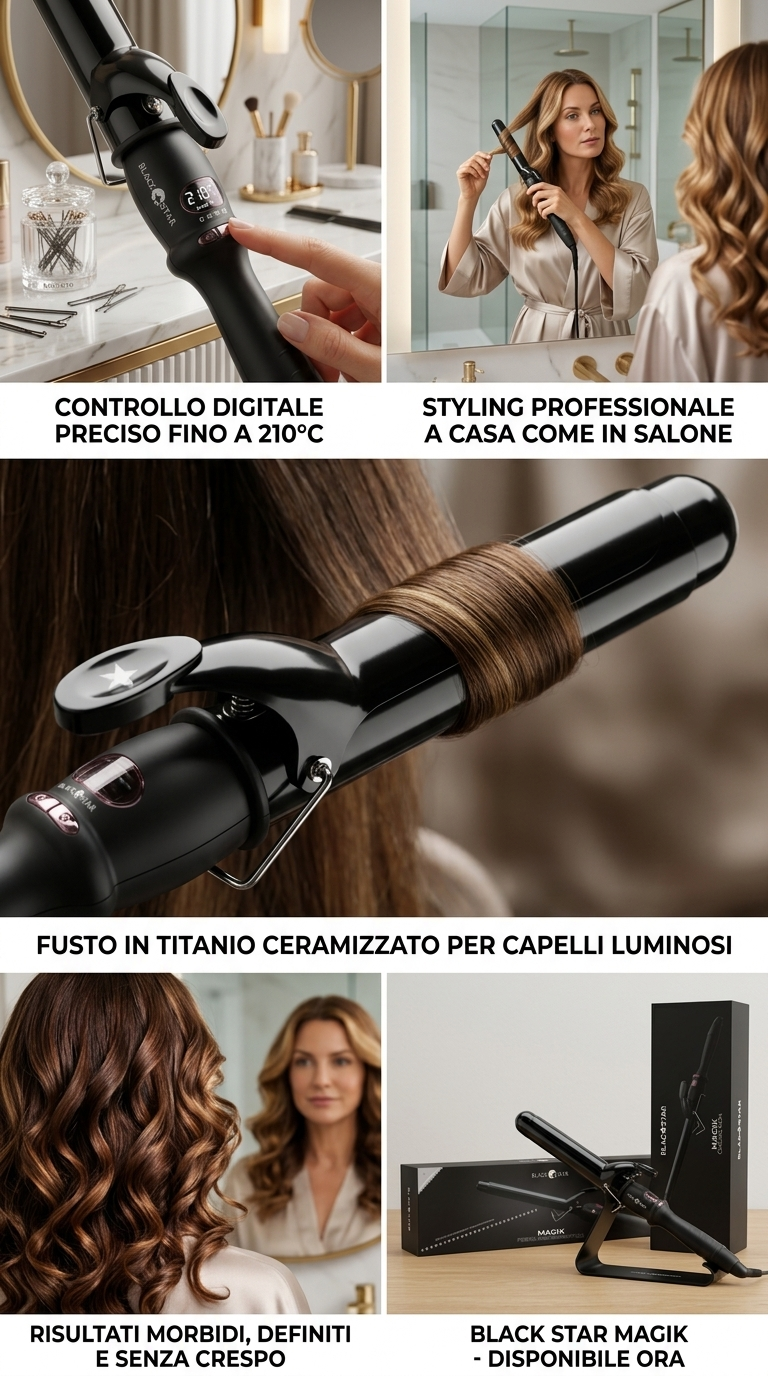 Black Star Magik Ferro Arricciacapelli Professionale in Titanio Ceramizzato – Stylist Pro a 210°C per Ricci e Onde Definited