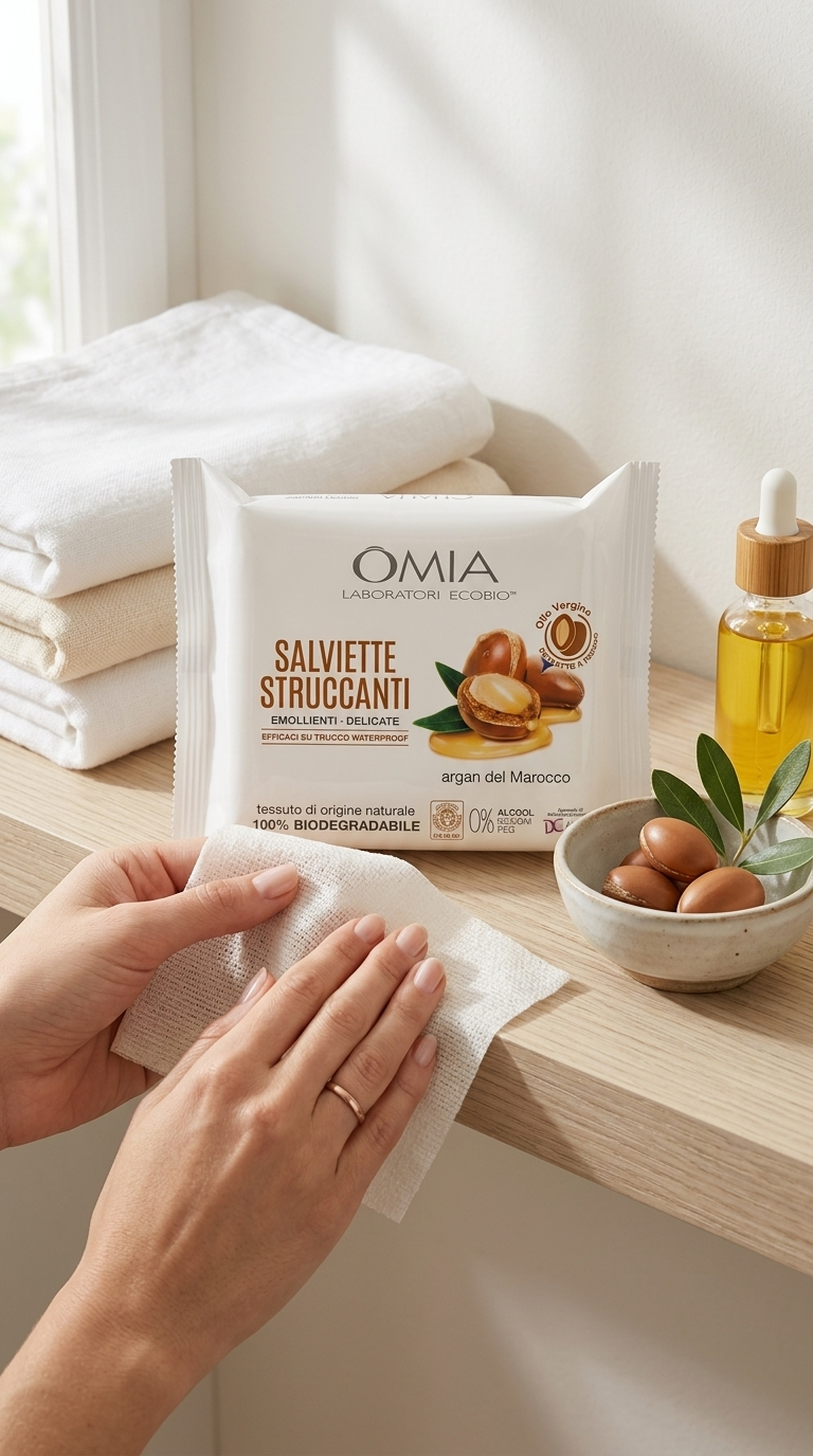 OMIA Laboratori Ecobio Salviette Struccanti Emollienti all'Argan Biologico 20 Pezzi – Viso, Occhi e Labbra