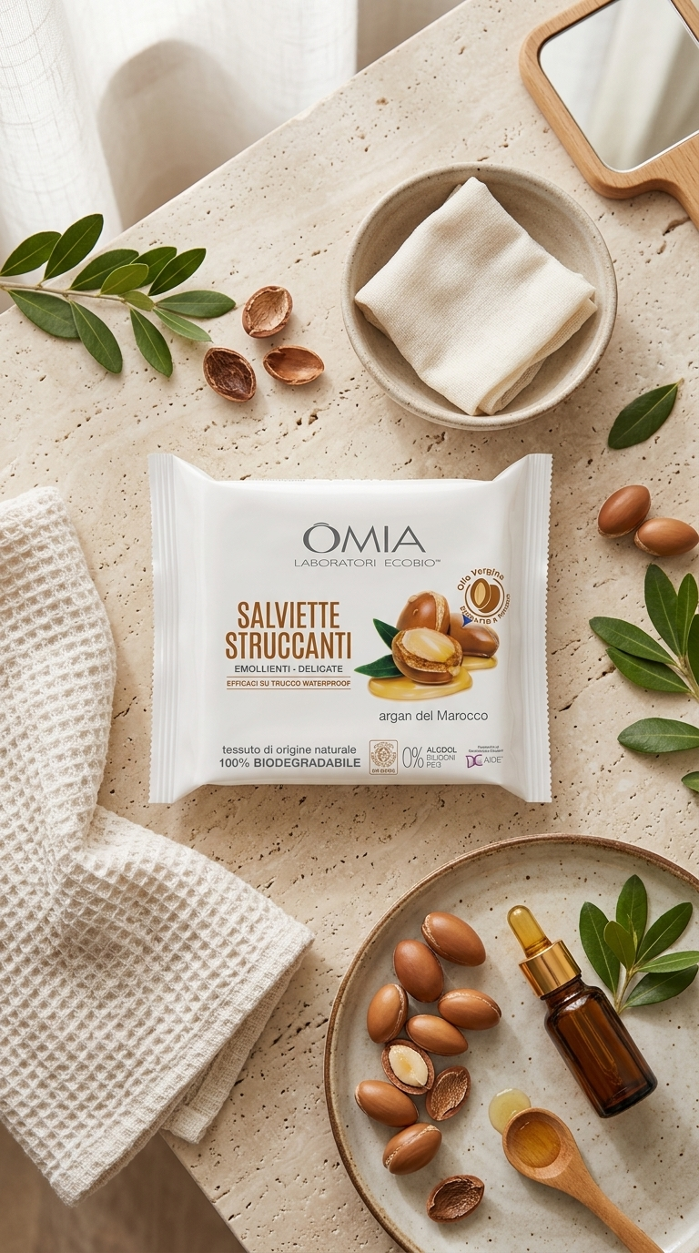 OMIA Laboratori Ecobio Salviette Struccanti Emollienti all'Argan Biologico 20 Pezzi – Viso, Occhi e Labbra