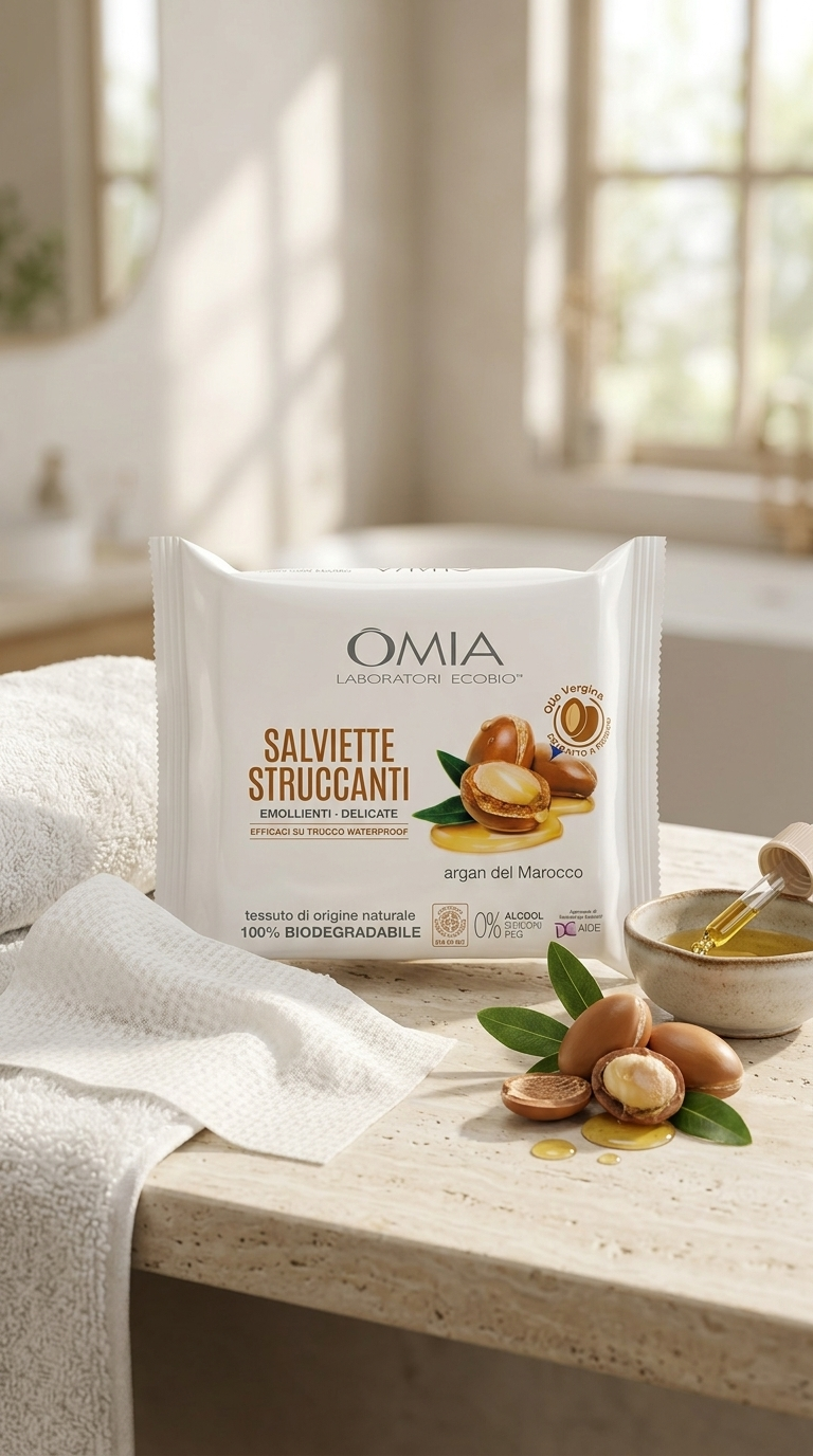 OMIA Laboratori Ecobio Salviette Struccanti Emollienti all'Argan Biologico 20 Pezzi – Viso, Occhi e Labbra