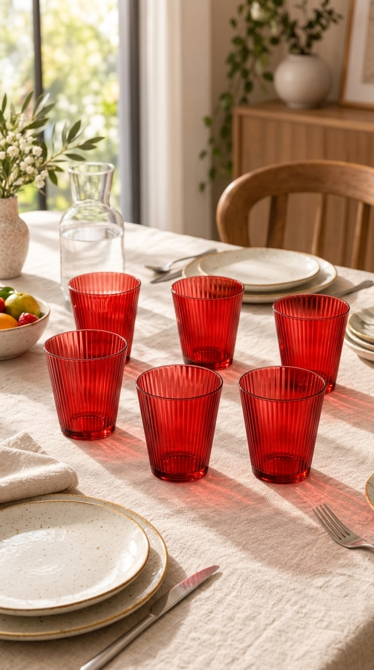 Maison Tortorà Set 6 Bicchieri in Vetro Colorati Rosso Prestige 260 ml per Acqua Succhi e Drink – Design Scanalato Canneté Luxury