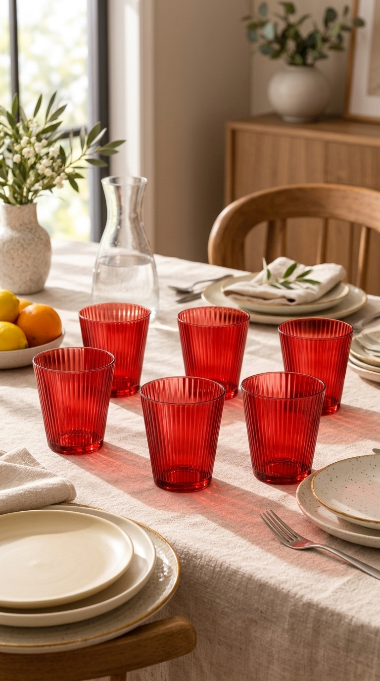 Maison Tortorà Set 6 Bicchieri in Vetro Colorati Rosso Prestige 260 ml per Acqua Succhi e Drink – Design Scanalato Canneté Luxury