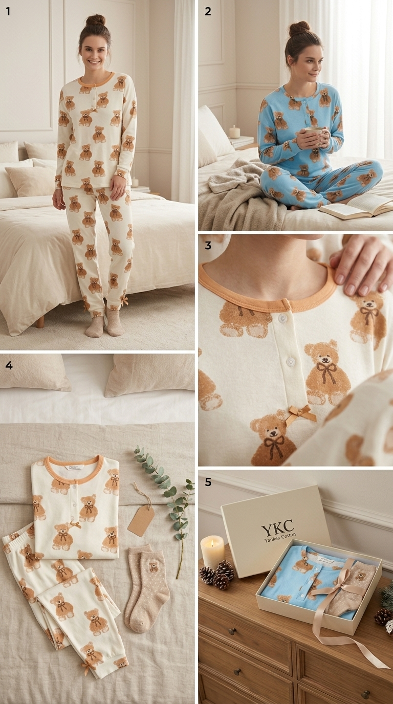 YKC Pigiama Donna Caldo Cotone 100% Fantasia Orsetti Calzini Omaggio – Nightwear Lusso Caldo e Traspirante Art. Sugar