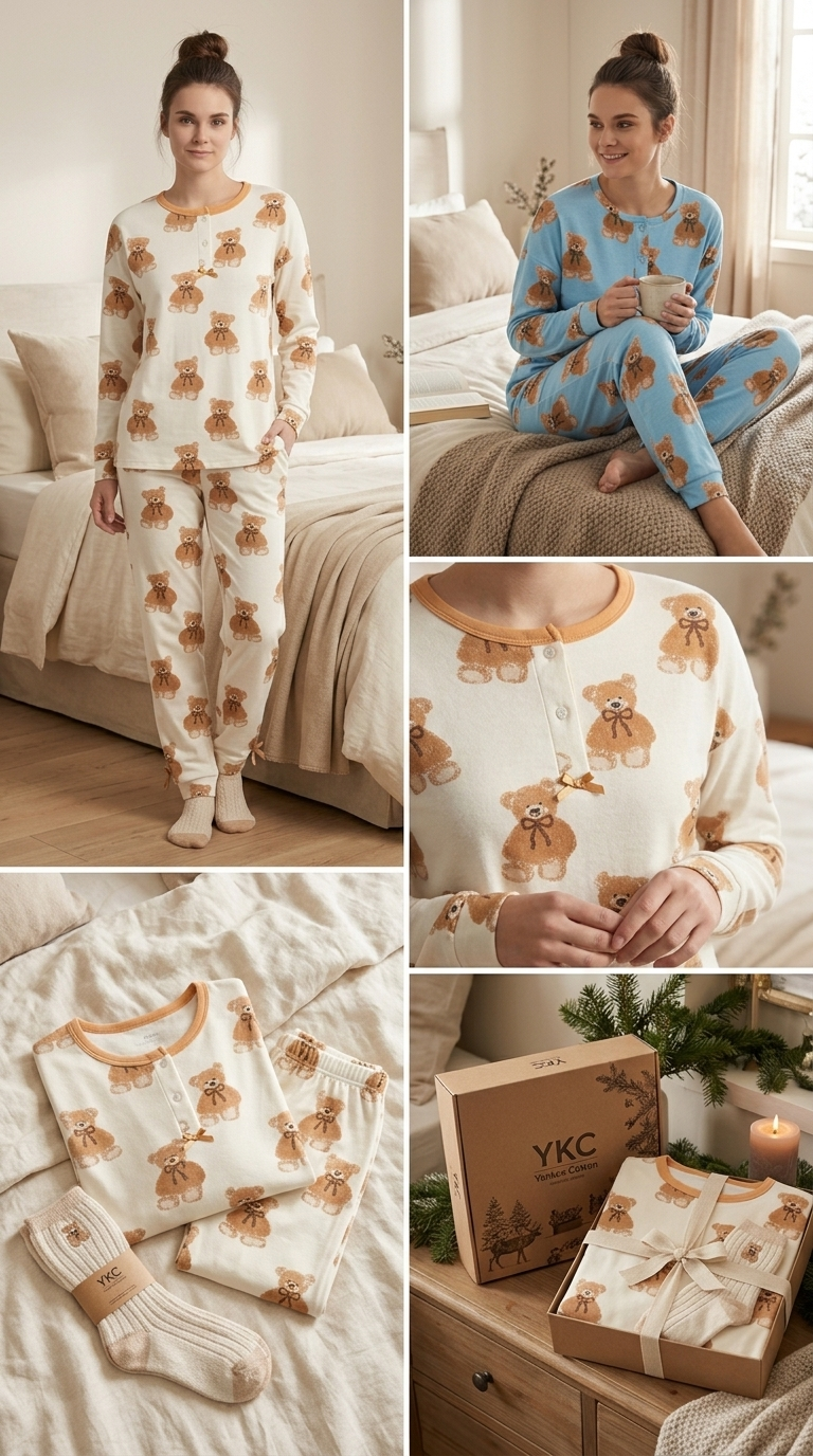 YKC Pigiama Donna Caldo Cotone 100% Fantasia Orsetti Calzini Omaggio – Nightwear Lusso Caldo e Traspirante Art. Sugar
