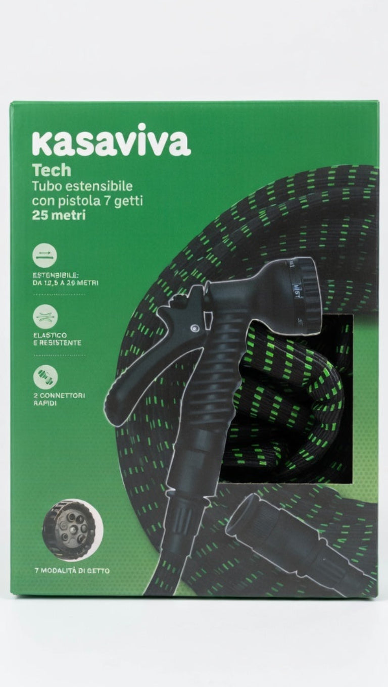 Kasaviva Tech Tubo Estensibile 25 Metri | Tubo da Giardino con Pistola a 7 Getti | Espansione Automatica con Doppio Strato Interno | Adattatori 1/2" e 3/4" Inclusi