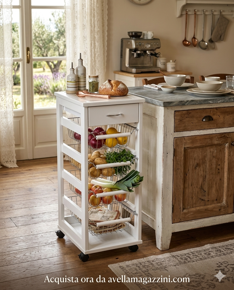 Mastrolegno Vesuvio Carrello Cucina Salvaspazio in Legno di Faggio Bianco con Mattonelle – Organizzazione Gourmet Salvaspazio