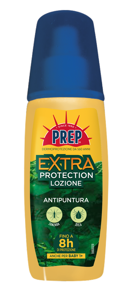 Prep Extra Protection Lozione 100ml antipuntura con IR3535, protegge da zanzare e zecche fino a 8 ore, adatta dai 1 anno in su.