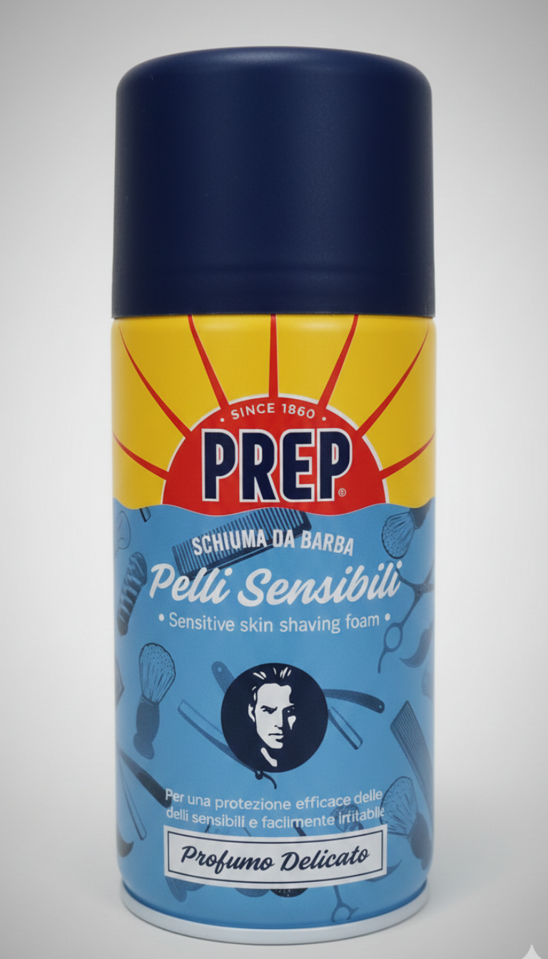 Schiuma da barba Prep Pelli Sensibili 300ml con aloe vera, mentolo e canfora per protezione anti-irritazioni e rasatura delicata