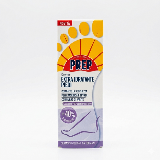 Prep Crema Extra Idratante Piedi 75 ml è un trattamento specifico per piedi secchi e stressati, formulato per offrire un'idratazione intensa e duratura senza lasciare residui untuosi. Arricchita con Compound Prep Dermoprotettivo, Burro di Karité, Olio di Crusca di Riso, Pantenolo