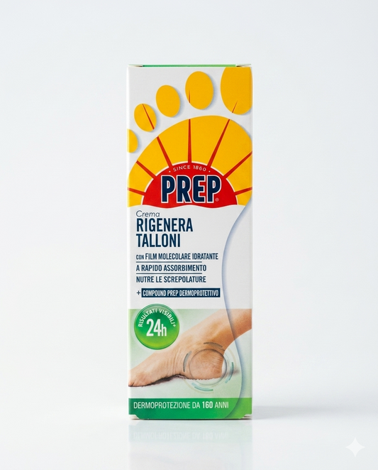 Prep Crema Rigenera Talloni 75 ml è un trattamento intensivo formulato per nutrire, riparare e ammorbidire i talloni secchi e screpolati. Grazie al Compound Prep Dermoprotettivo e a un mix di ingredienti emollienti come Burro di Karité, Olio di Mandorle, Pantenolo e Vitamina