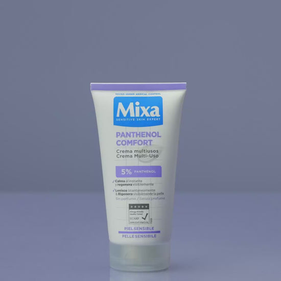 Crema Multiuso Mixa Panthenol Comfort Mixa da 50ml con 5% pantenolo, trattamento lenitivo e rigenerante per viso, mani e corpo, ideale per pelli molto sensibili e secche, formula ipoallergenica senza profumo a rapido assorbimento.