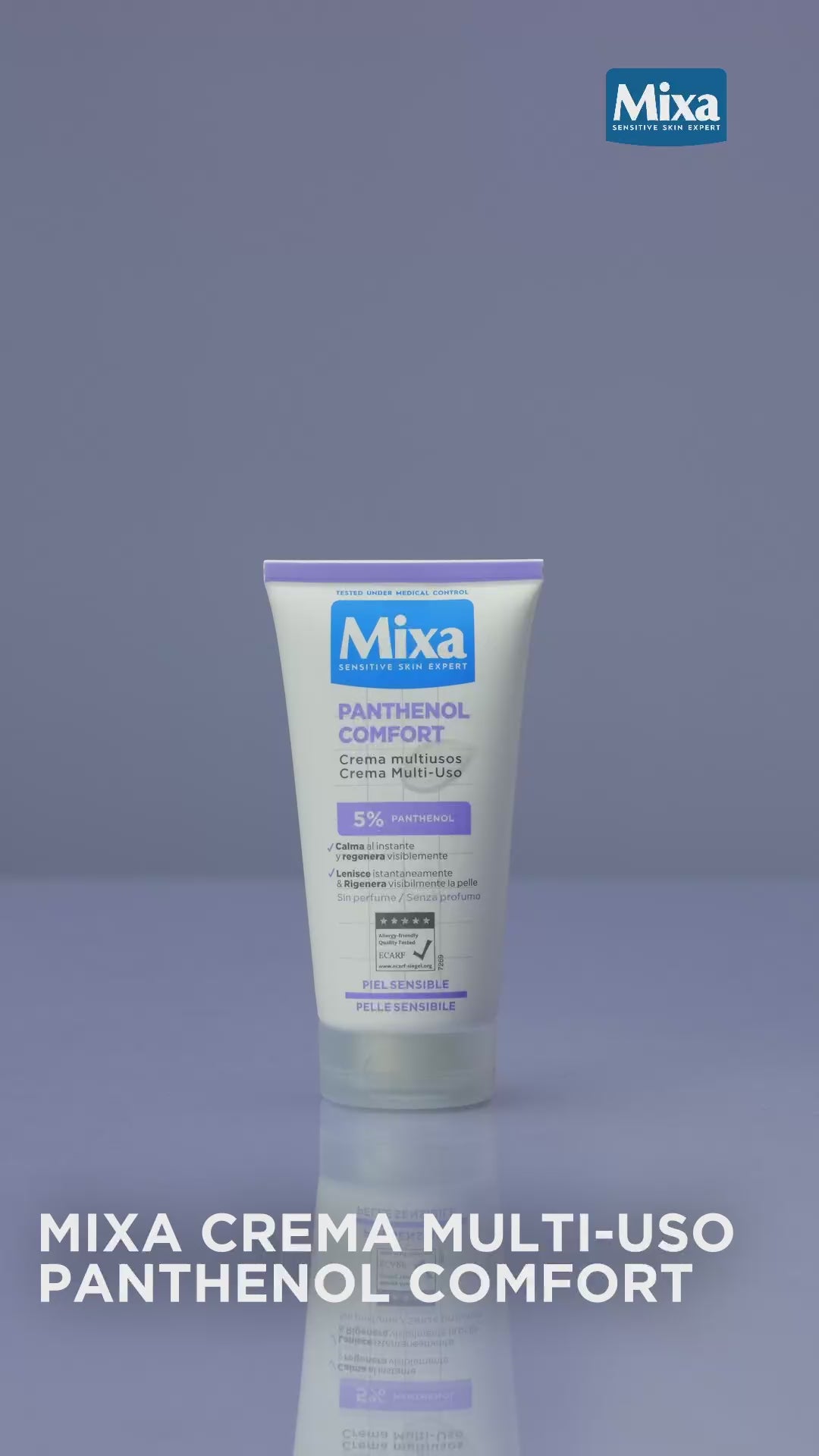 Crema Multiuso Mixa Panthenol Comfort Mixa da 50ml con 5% pantenolo, trattamento lenitivo e rigenerante per viso, mani e corpo, ideale per pelli molto sensibili e secche, formula ipoallergenica senza profumo a rapido assorbimento.