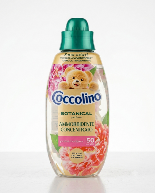 Flacone Coccolino Botanical Perfume Prima Fioritura 750 ml ammorbidente concentrato trasparente CrystalFresh™ rosa bergamotto mughetto 50 lavaggi naturale profumato lavanderia