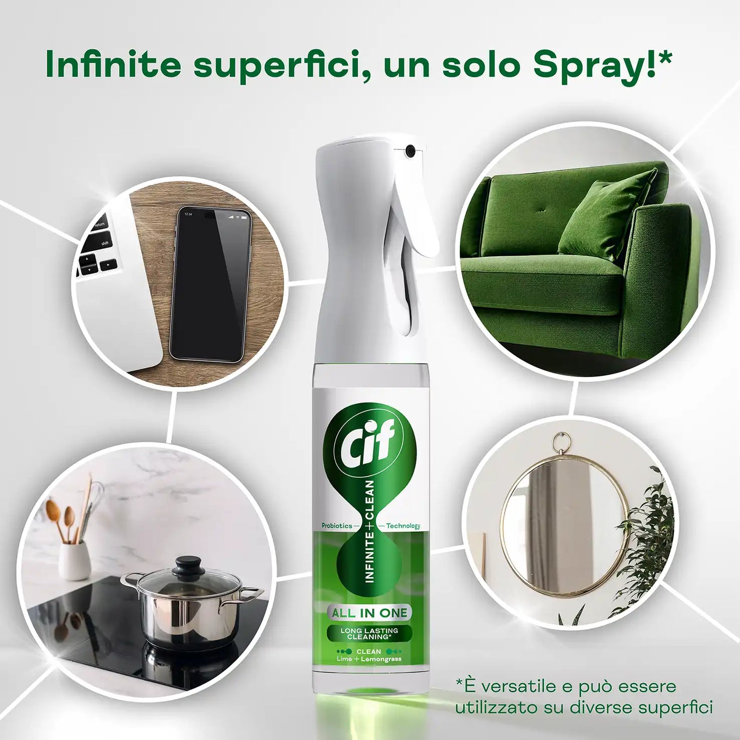 Cif Infinite Clean Spray Multiuso 280ml – Tecnologia Probiotica Attiva 72h – Detergente 3-in-1 per Superfici, Tessuti ed Elettronica – Erogatore Garantito 3 Anni