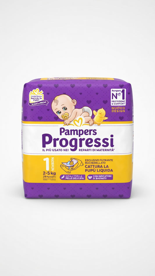 Pampers Progressi Newborn Taglia 1 (2-5 kg) | 28 Pannolini con Filtrante a Bucherelli e Indicatore di Bagnato | Protezione Premium Neonati