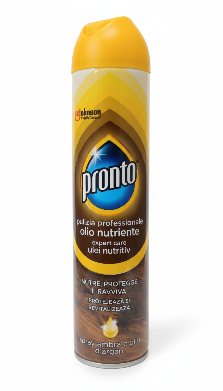 Pronto Ravviva Olio Nutriente Spray 250ml – Formula 4-in-1 per Legno e Pelle – Con Ambra e Olio d'Argan – Nutre, Protegge e Lucida